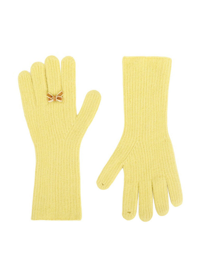 Yellow ribbed gloves with tan bow accents, front and back views