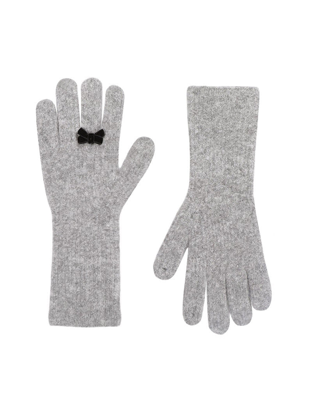 Light gray ribbed gloves with black bow accents, front and back views