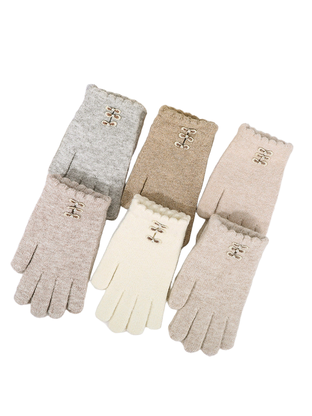 Six neutral-color bow-accent gloves arranged together