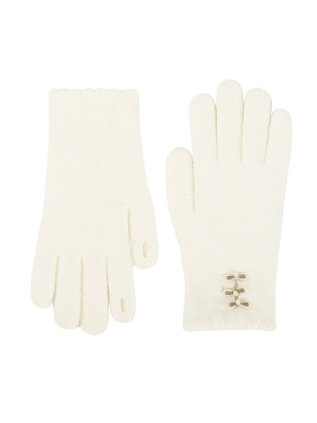 Ivory bow-accent gloves, front and back views