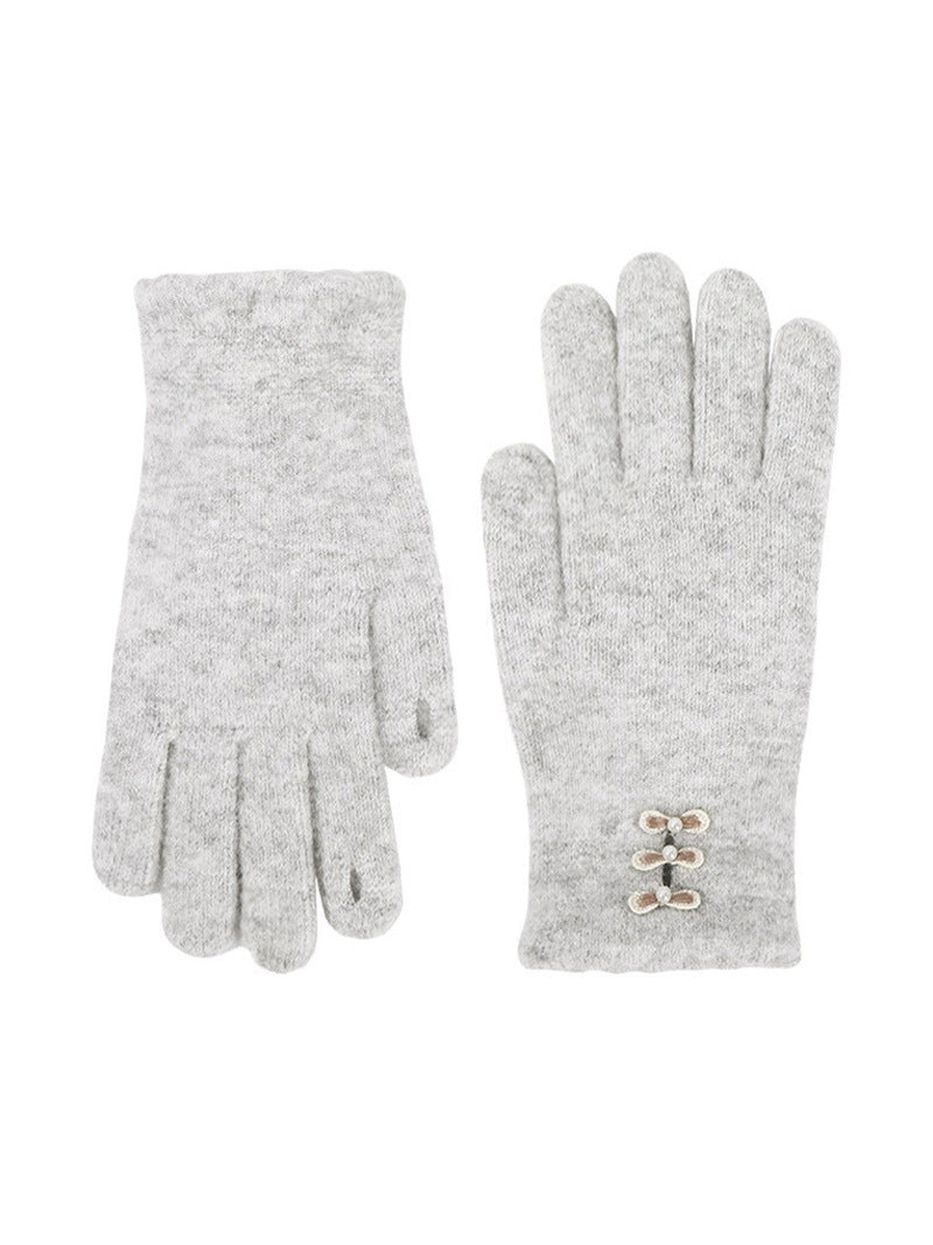 Light gray bow-accent gloves, front and back views