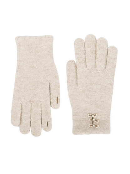 Beige bow-accent gloves, front and back views