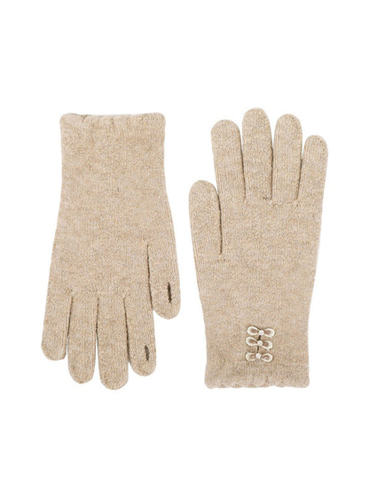 Camel bow-accent gloves, front and back views