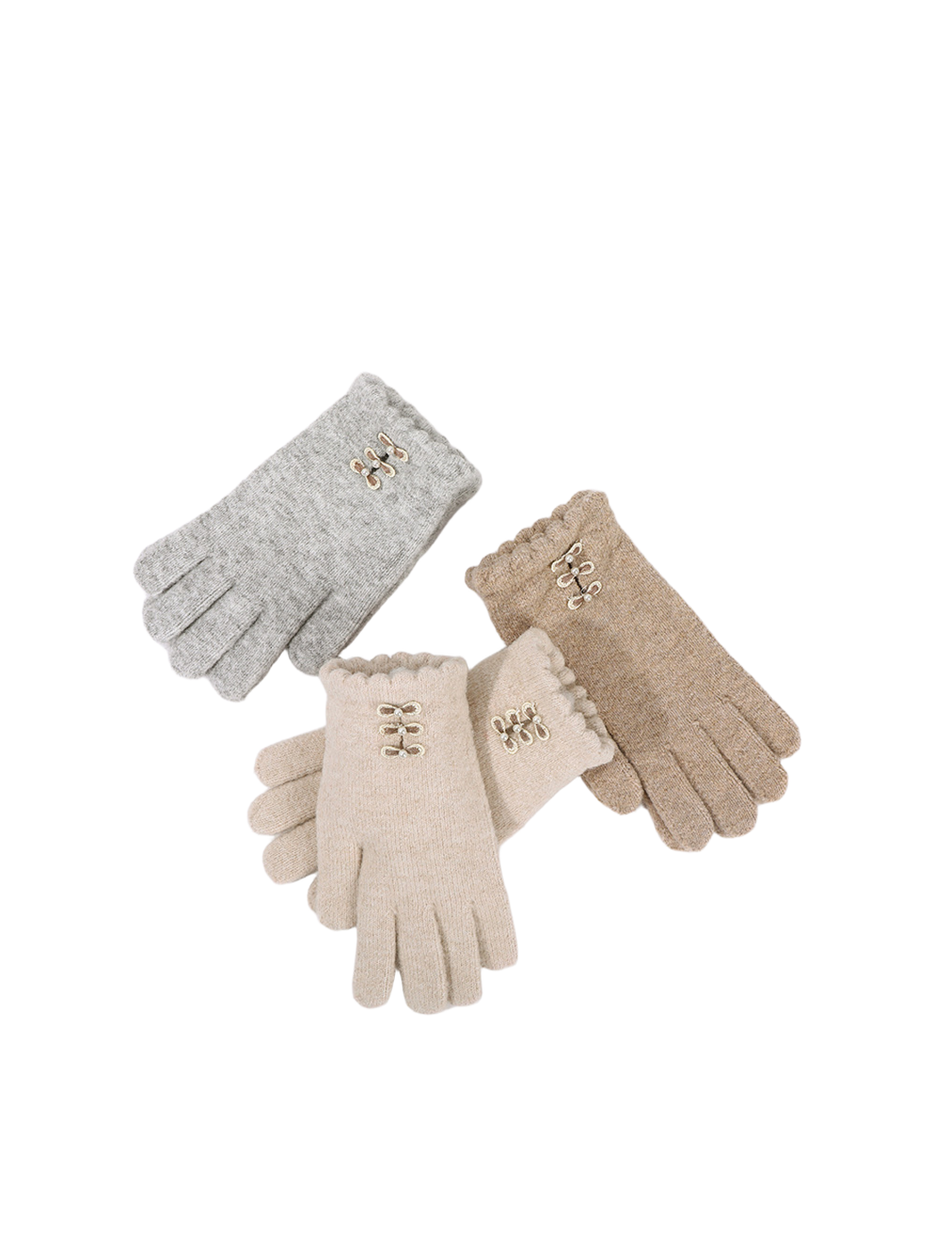 Neutral-color bow-accent gloves arranged in a flat lay
