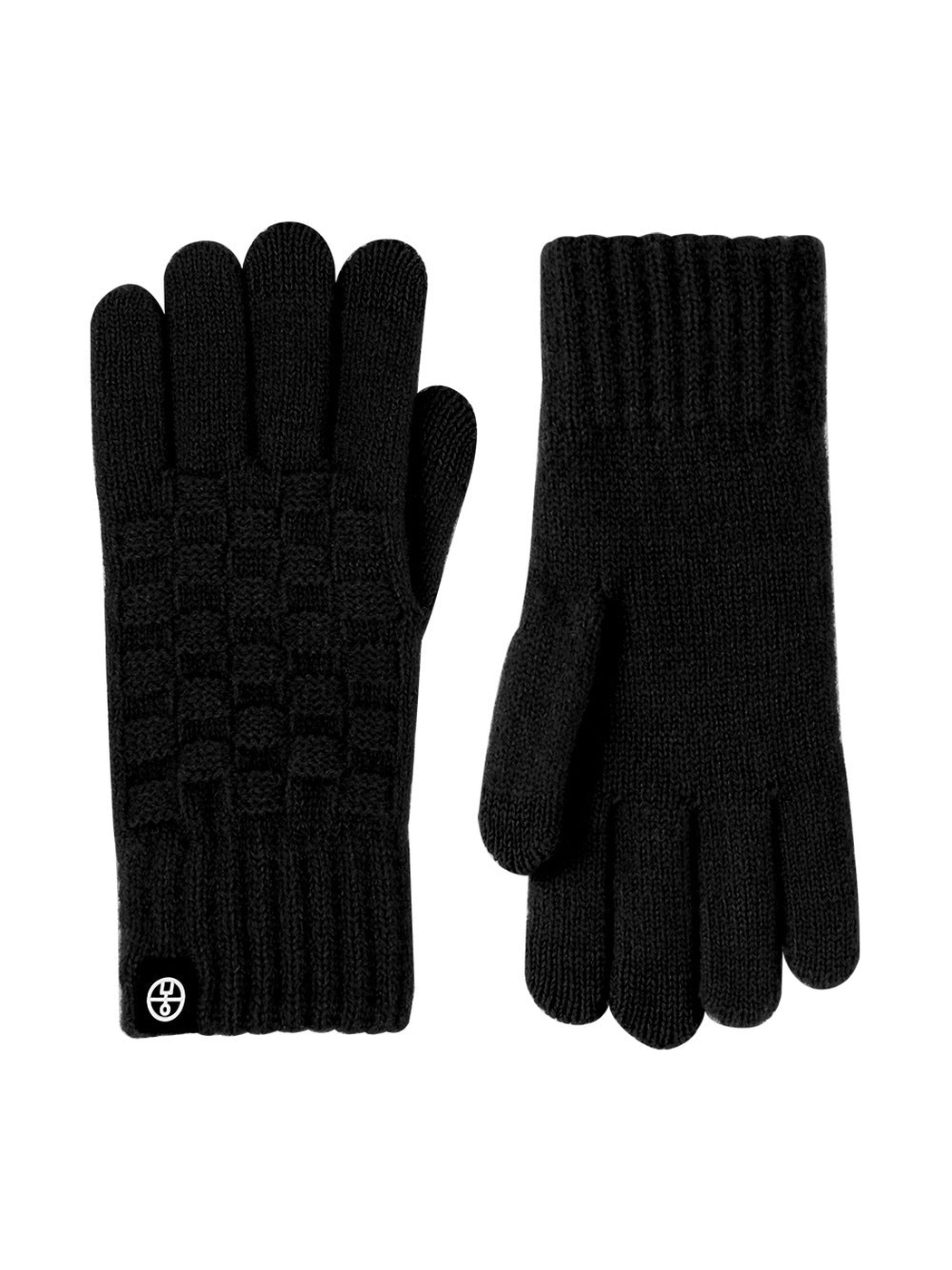 Black checkerboard-knit gloves, front and back views