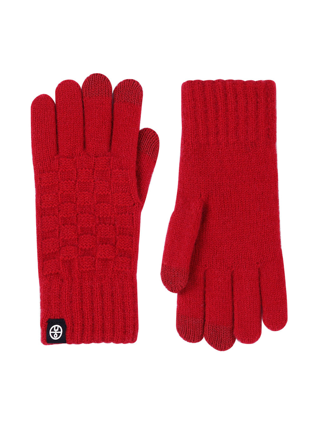 Red checkerboard-knit gloves, front and back views
