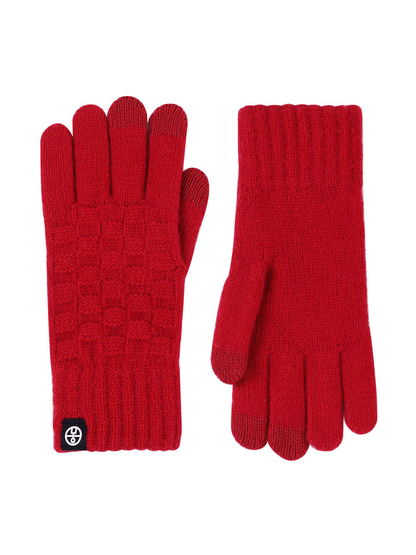 Red checkerboard-knit gloves, front and back views