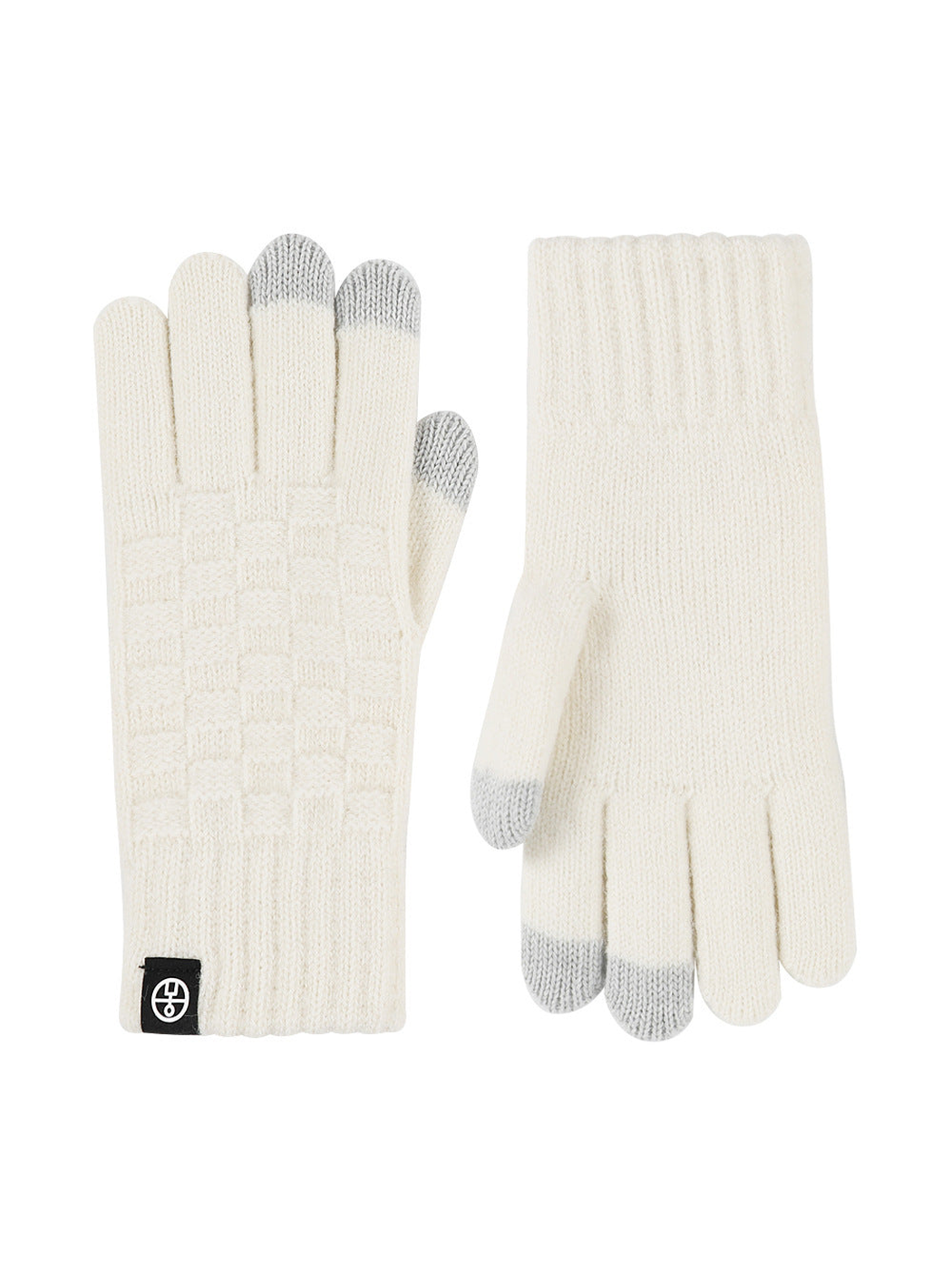 Ivory checkerboard-knit gloves with gray fingertips, front and back views