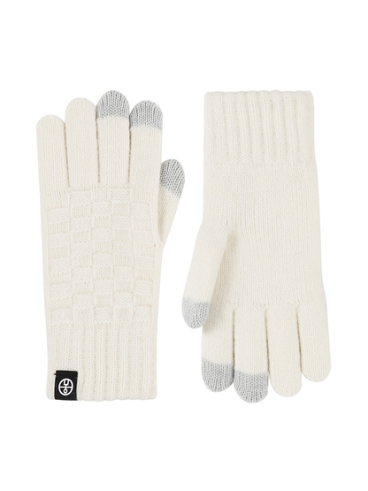 Ivory checkerboard-knit gloves with gray fingertips, front and back views