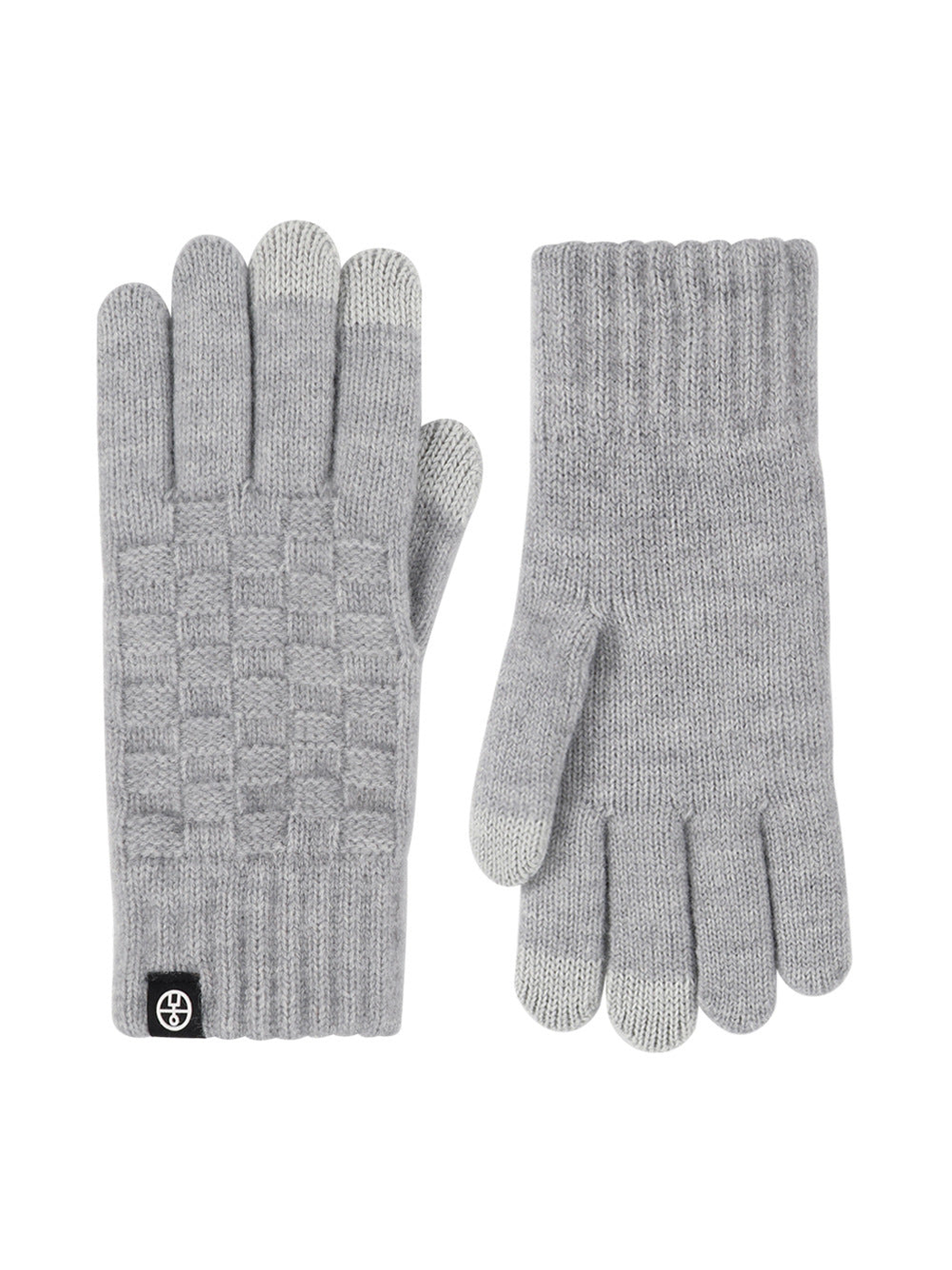 Light gray checkerboard-knit gloves, front and back views