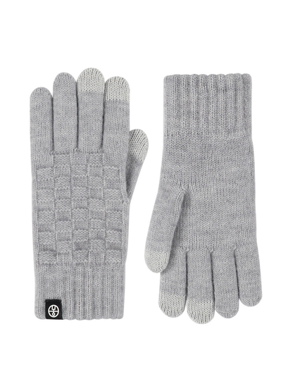 Light gray checkerboard-knit gloves, front and back views