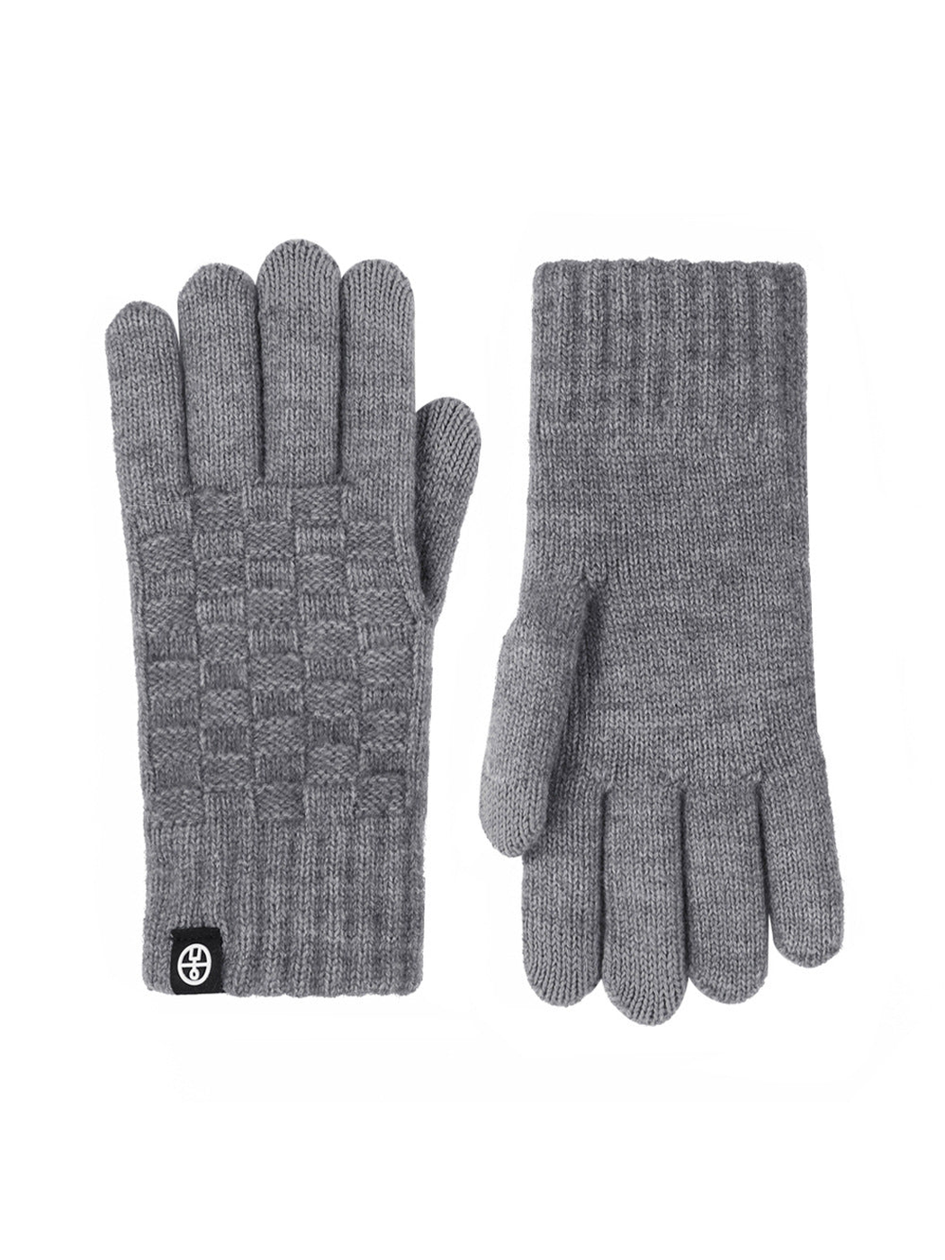 Dark gray checkerboard-knit gloves, front and back views