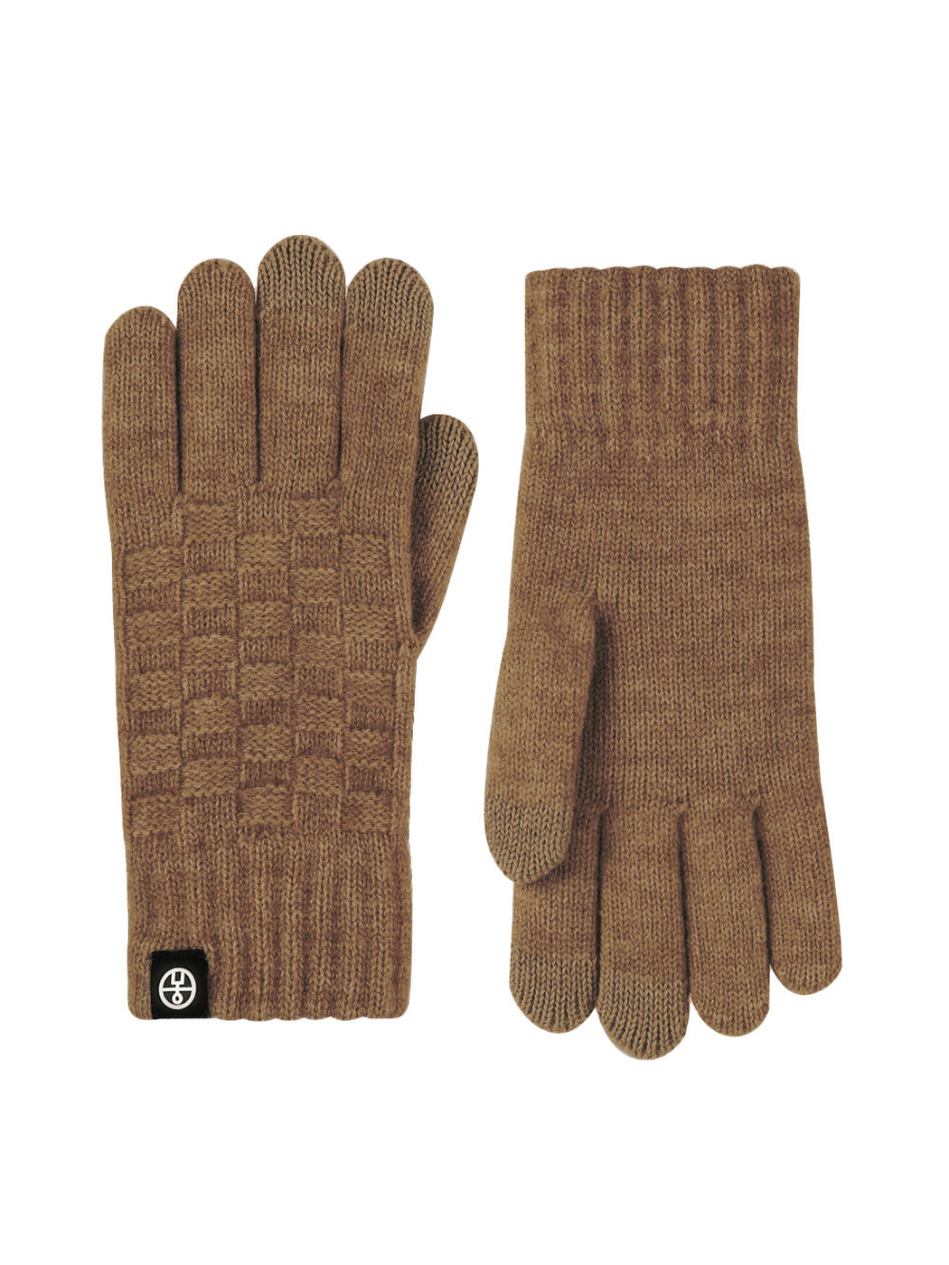 Brown checkerboard-knit gloves, front and back views