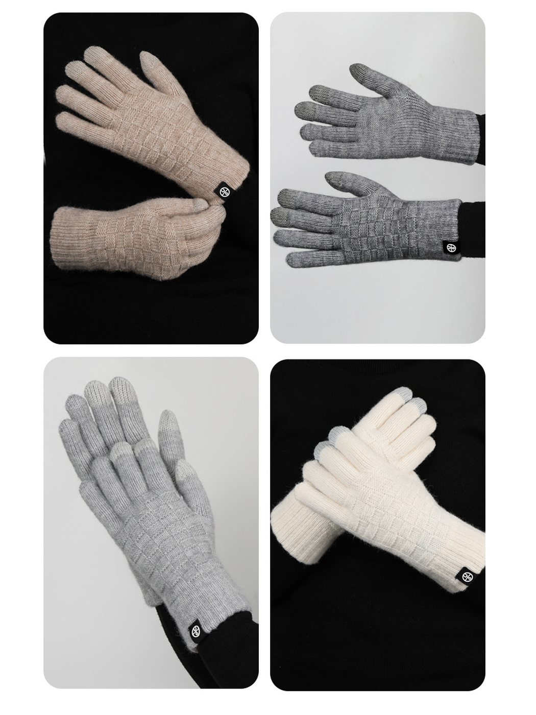 Checkerboard-knit gloves modeled in beige, gray and ivory colorways