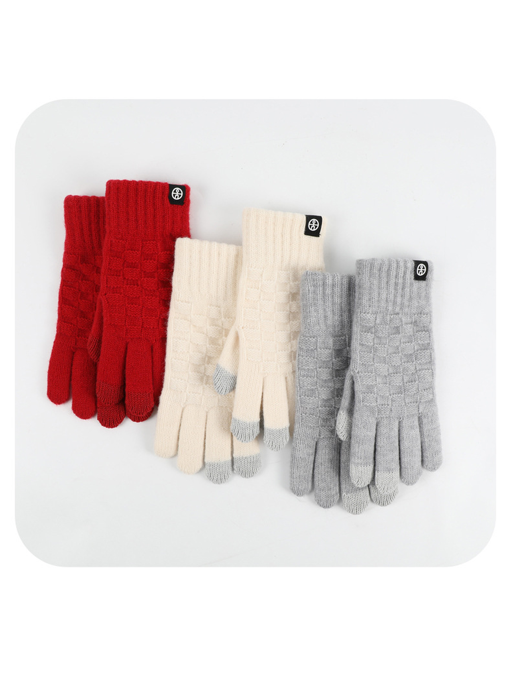Red, ivory and light gray checkerboard-knit gloves displayed together