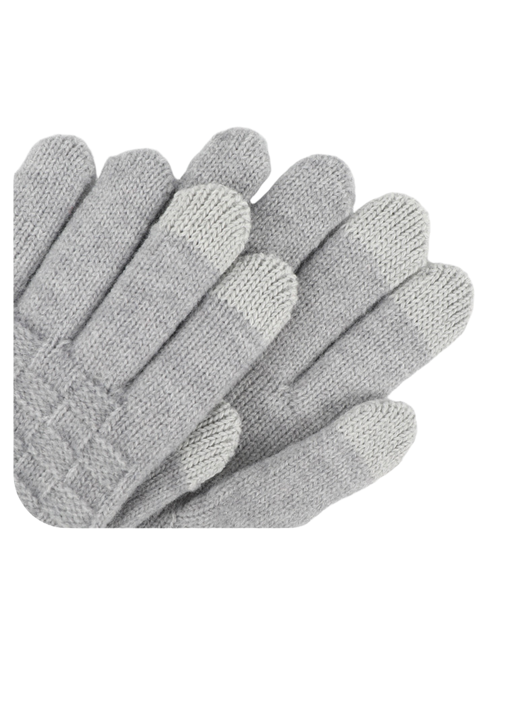 Close-up of contrasting knit fingertips on light gray gloves