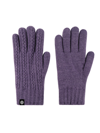 Purple cable-knit gloves showing the textured back and plain palm
