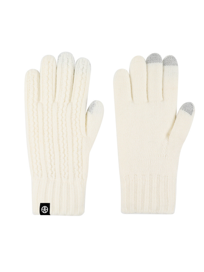 Ivory cable-knit gloves with gray contrast fingertips