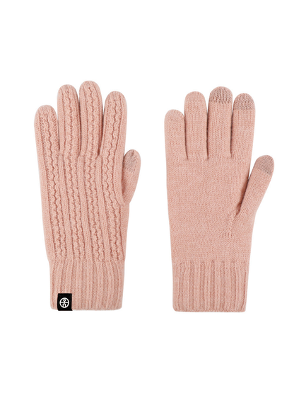 Blush pink cable-knit gloves showing the textured back and plain palm