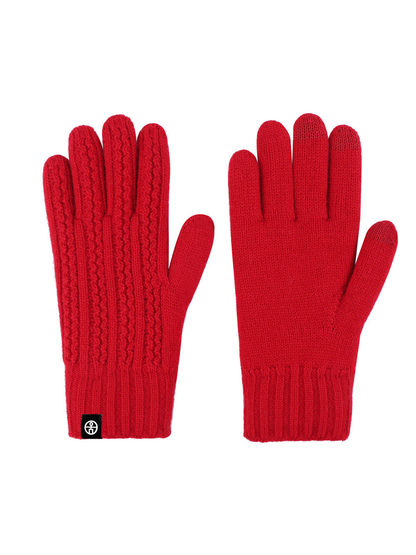 Red cable-knit gloves showing the textured back and plain palm