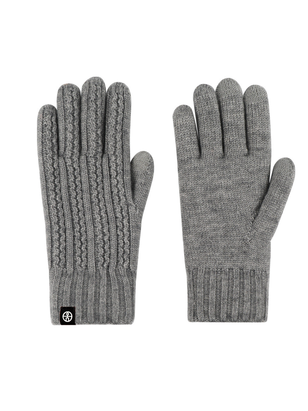 Gray cable-knit gloves showing the textured back and plain palm
