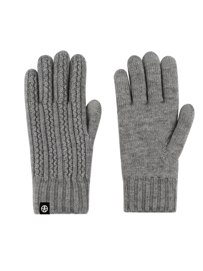 Gray cable-knit gloves showing the textured back and plain palm