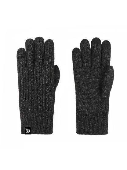 Heather black cable-knit gloves showing the textured back and plain palm