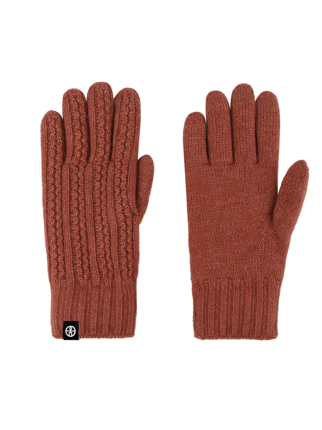 Heather rust red cable-knit gloves showing the textured back and plain palm