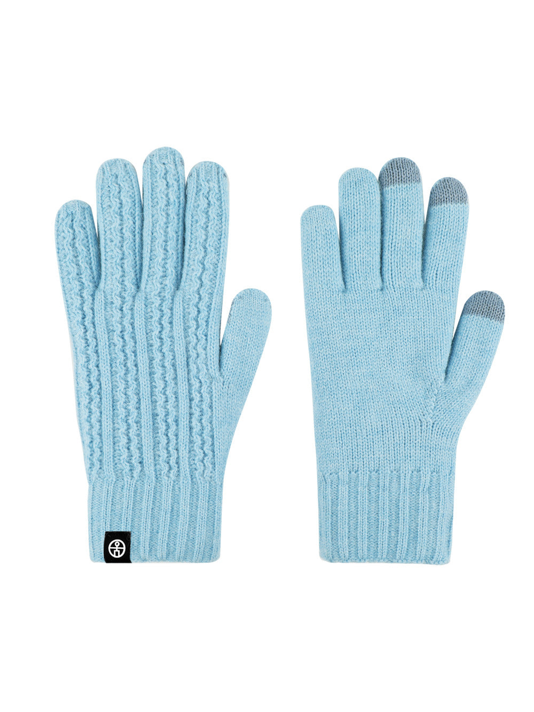 Light blue cable-knit gloves with gray contrast fingertips