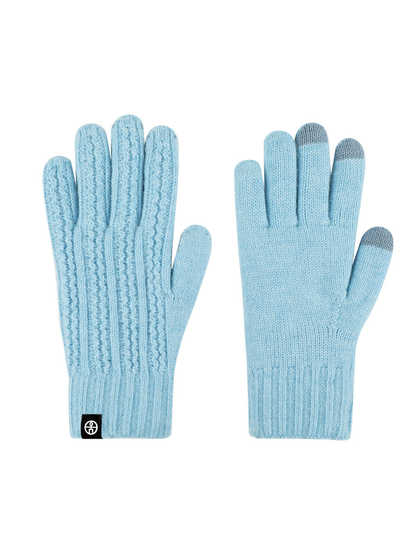 Light blue cable-knit gloves with gray contrast fingertips