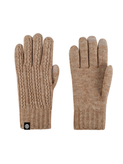 Heather camel cable-knit gloves showing the textured back and plain palm