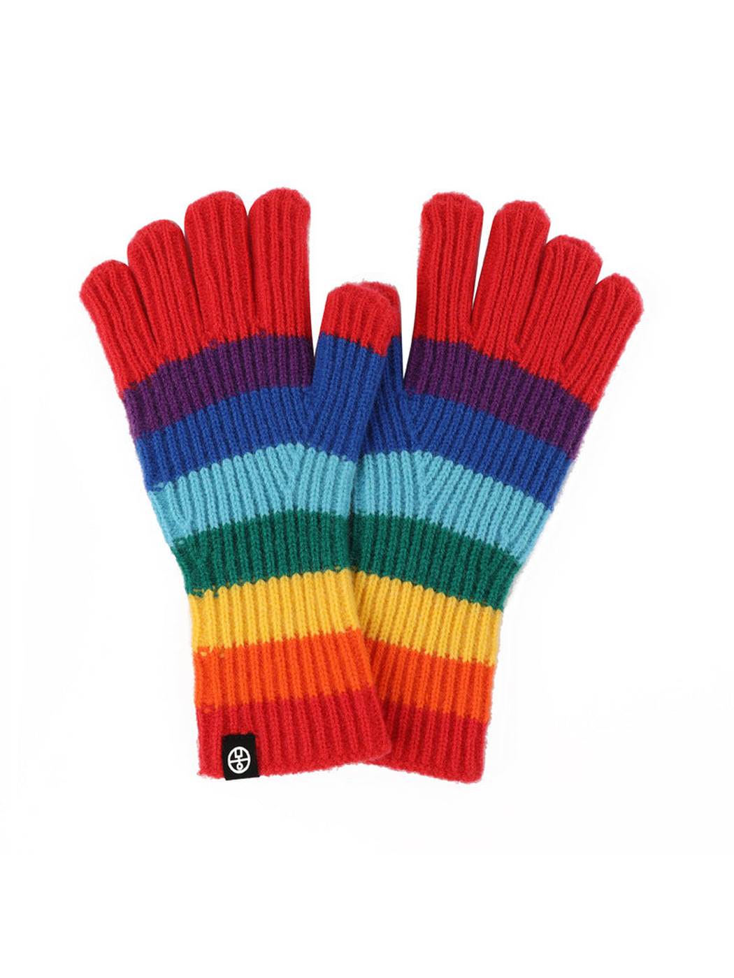 Red fingertip rainbow striped gloves on a white background