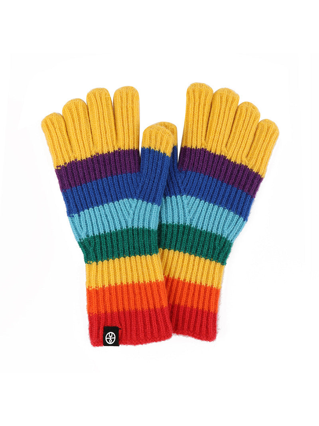 Yellow fingertip rainbow striped gloves on a white background