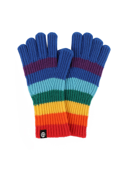 Blue fingertip rainbow striped gloves on a white background