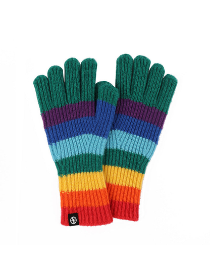 Green fingertip rainbow striped gloves on a white background