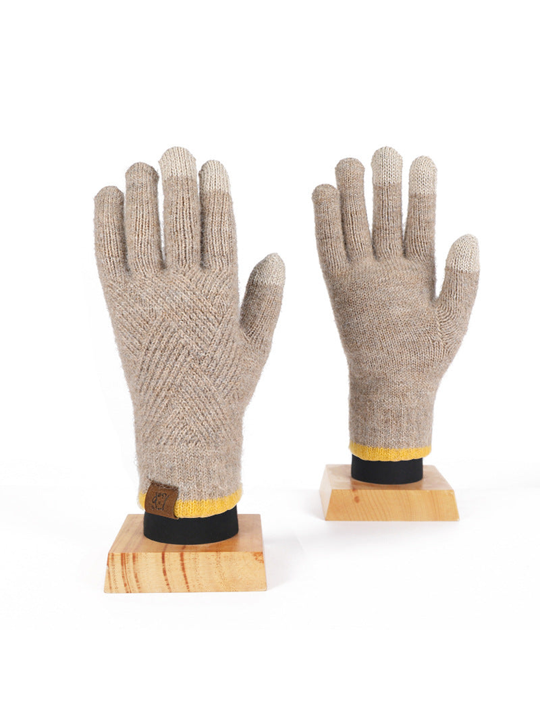 Beige knit gloves with contrasting cuffs, front and back views