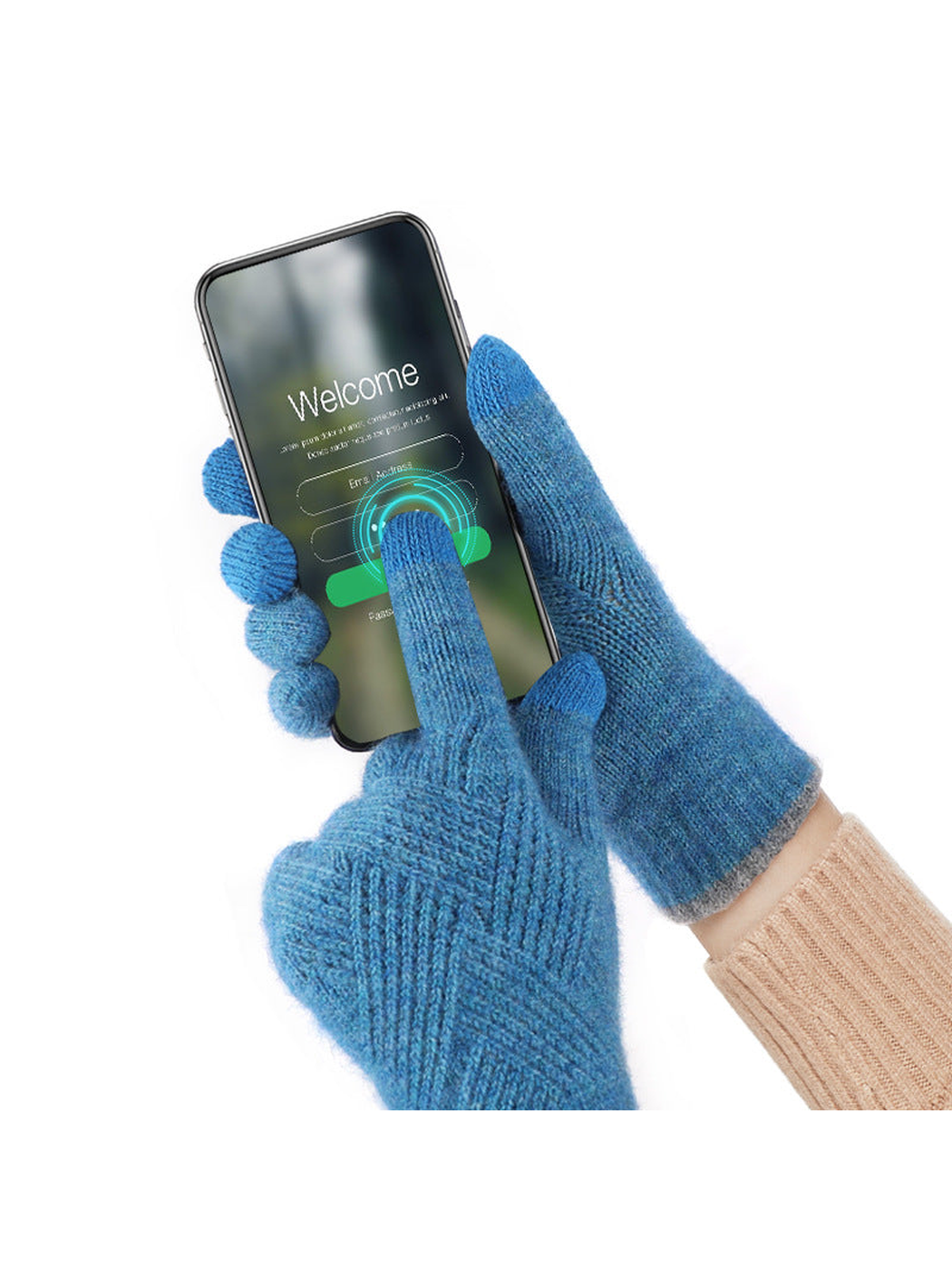 Blue knit gloves operating a smartphone