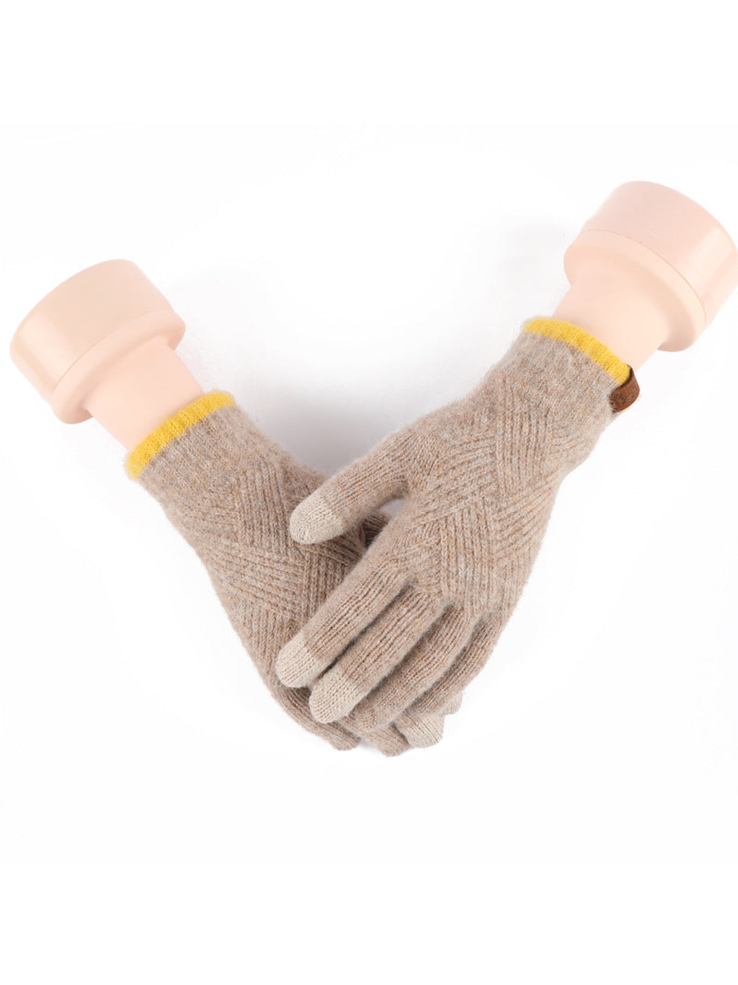 Beige knit gloves displayed on hand forms