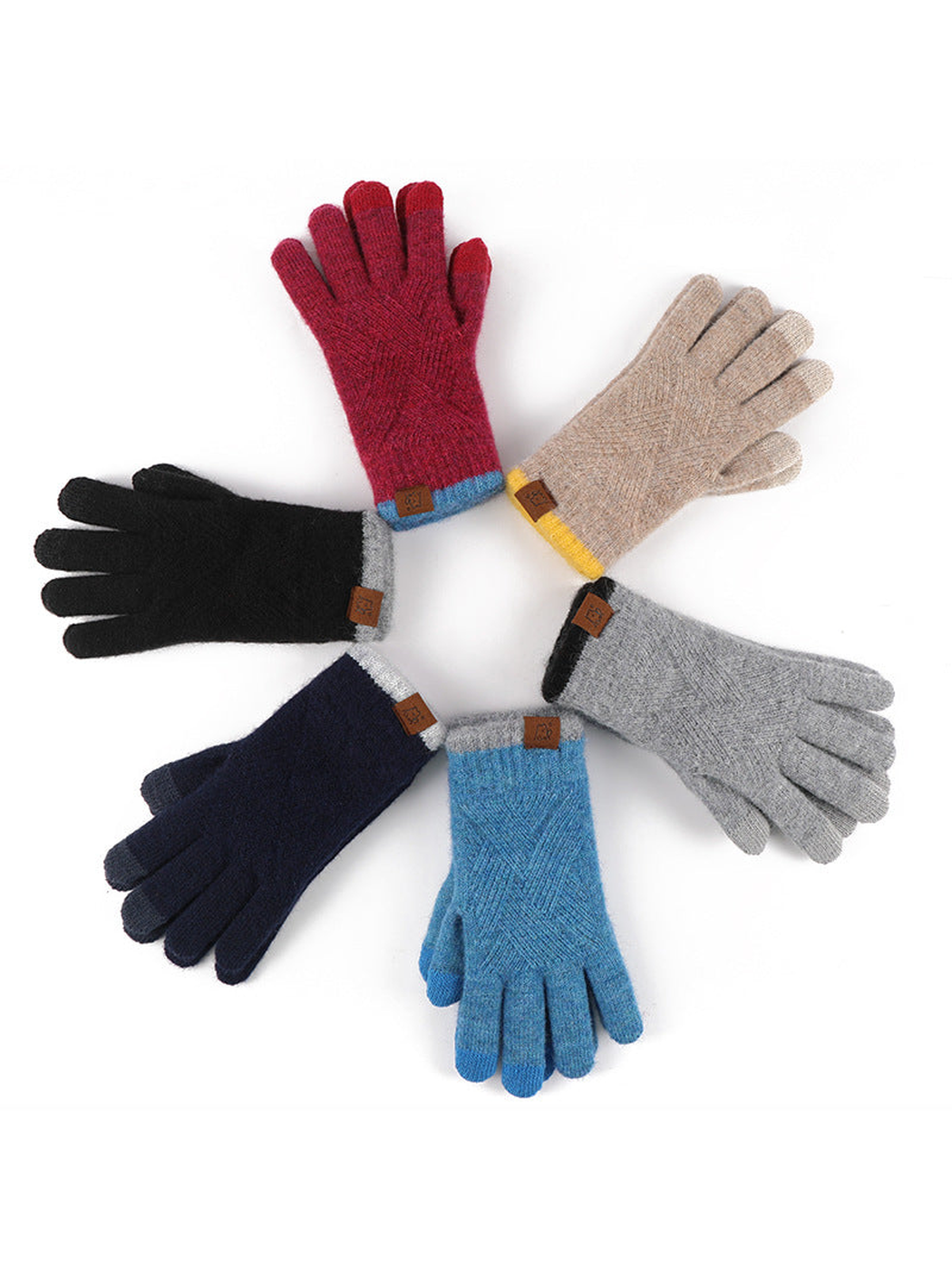Six colors of knit gloves arranged in a circle