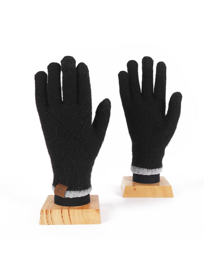 Black knit gloves with gray cuffs, front and back views