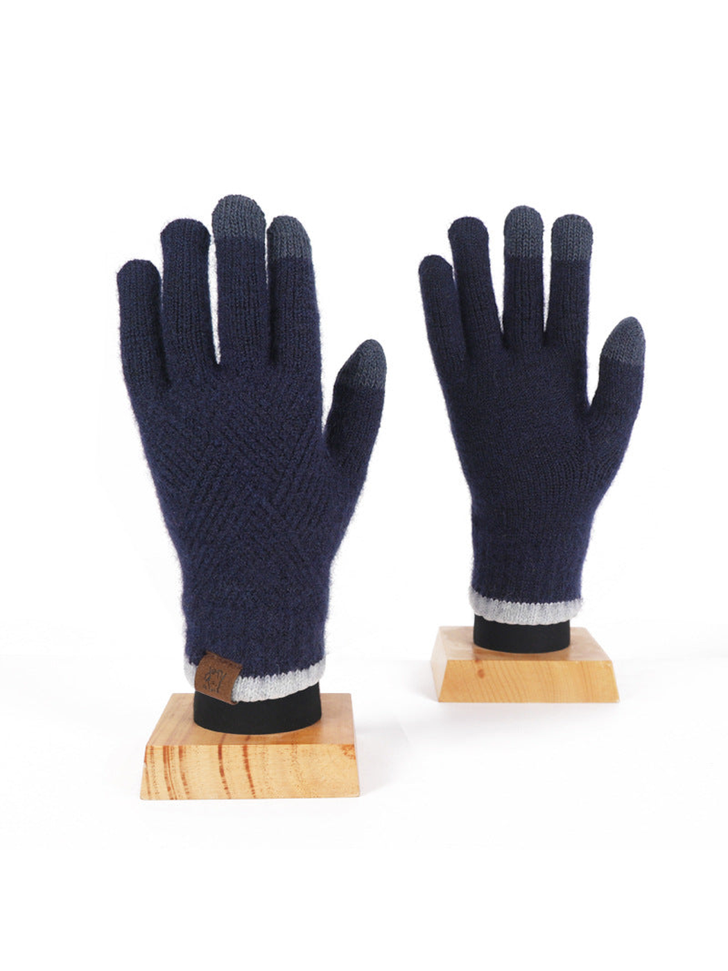 Navy knit gloves with gray cuffs, front and back views