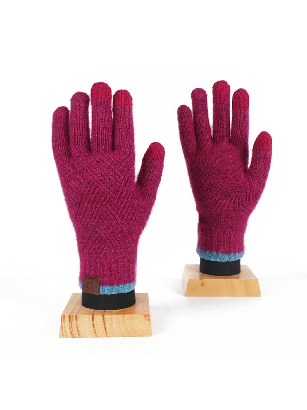 Fuchsia knit gloves with blue cuffs, front and back views