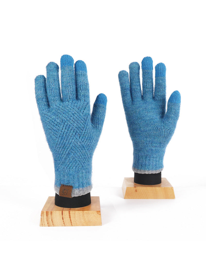 Blue knit gloves with gray cuffs, front and back views