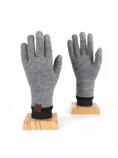 Heather gray knit gloves with black cuffs, front and back views