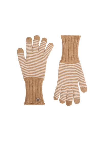 Khaki and white striped knit gloves with extended ribbed cuffs