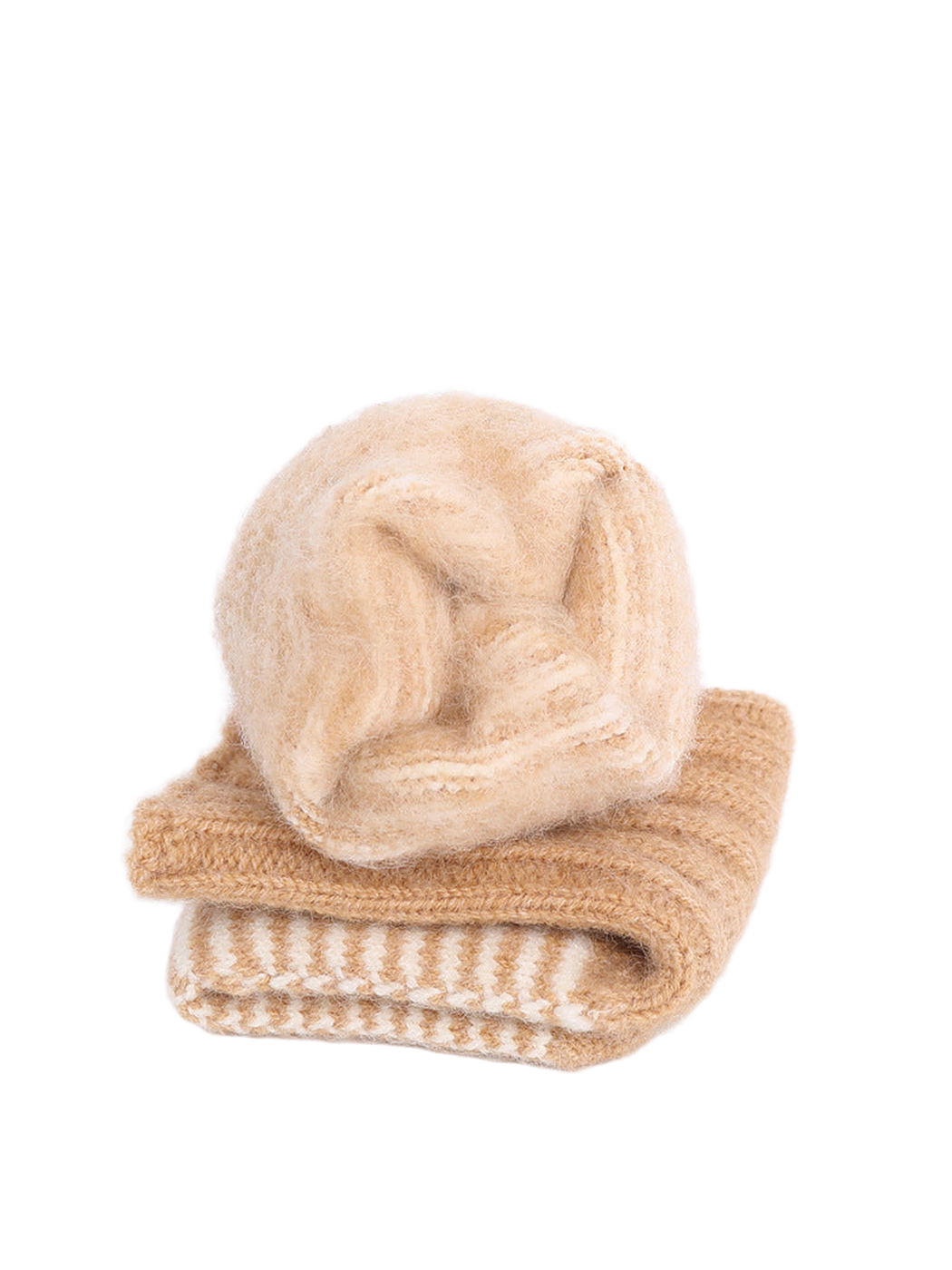Close-up of the fuzzy interior and striped knit exterior