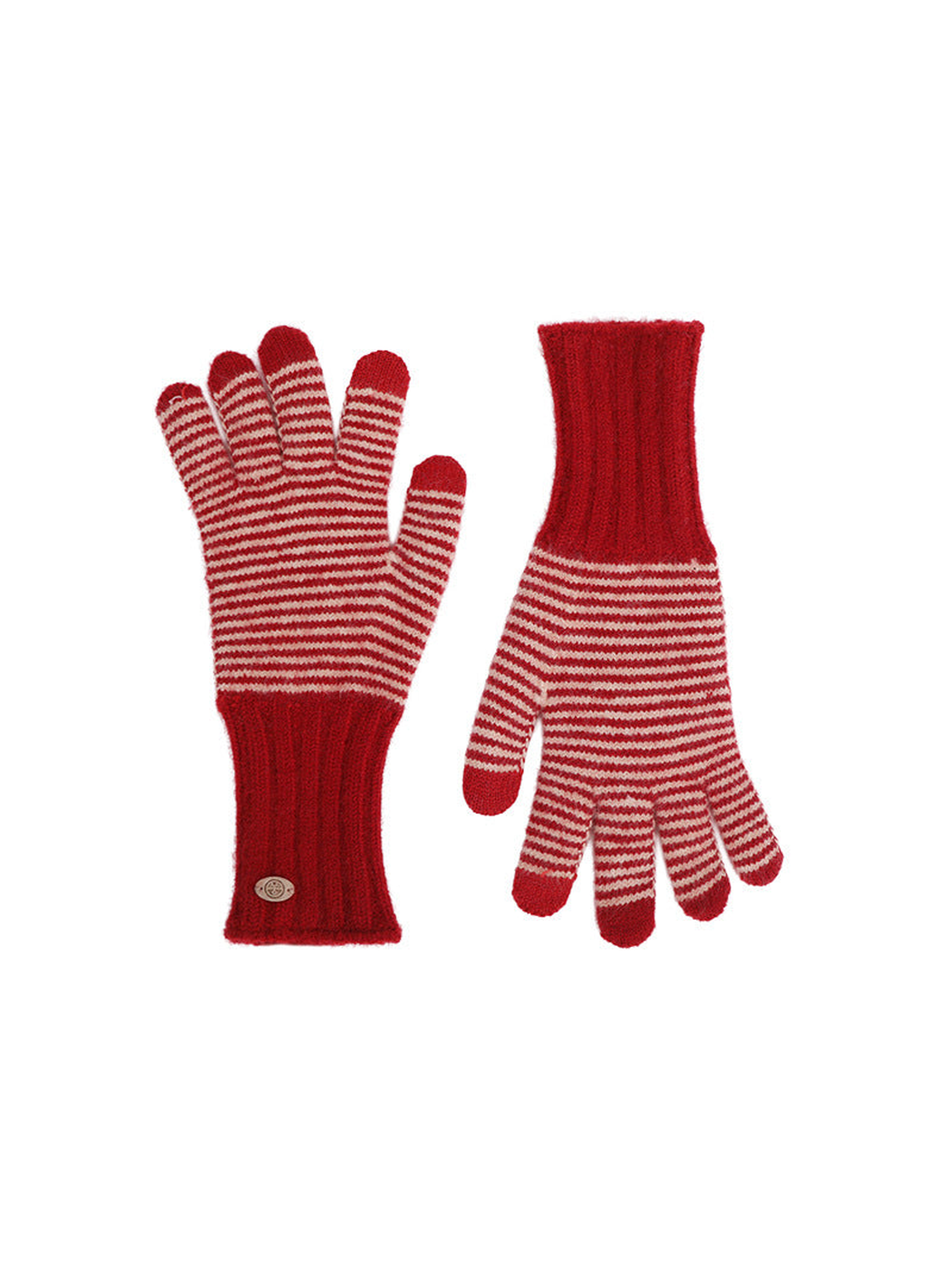 Red and white striped knit gloves with extended ribbed cuffs
