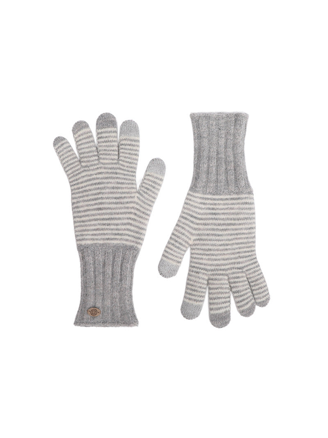Gray and white striped knit gloves with extended ribbed cuffs