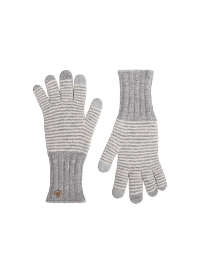 Gray and white striped knit gloves with extended ribbed cuffs
