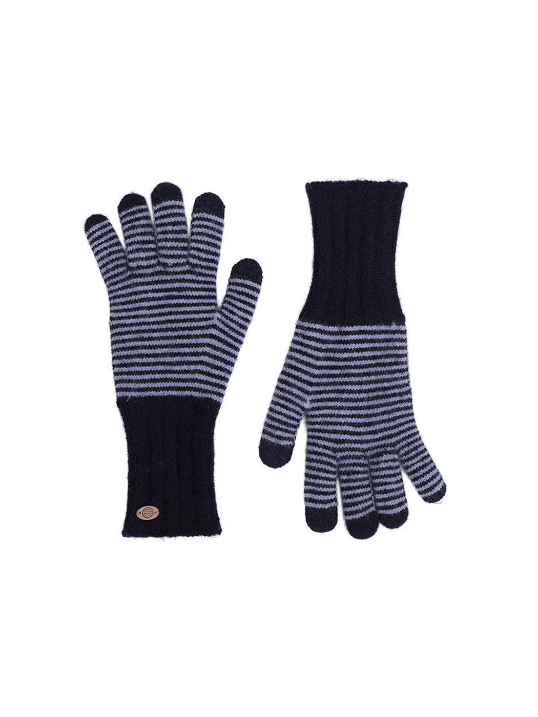 Navy and gray striped knit gloves with extended ribbed cuffs